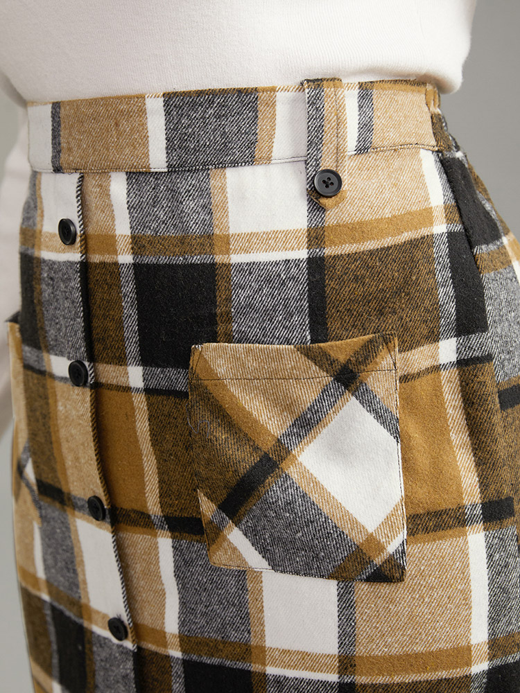 Plus Size Plaid Button Detail Patched Pocket Skirt Women Tan Office Elastic Waist Bodycon No stretch Pocket Work Skirts BloomChic 10/M 