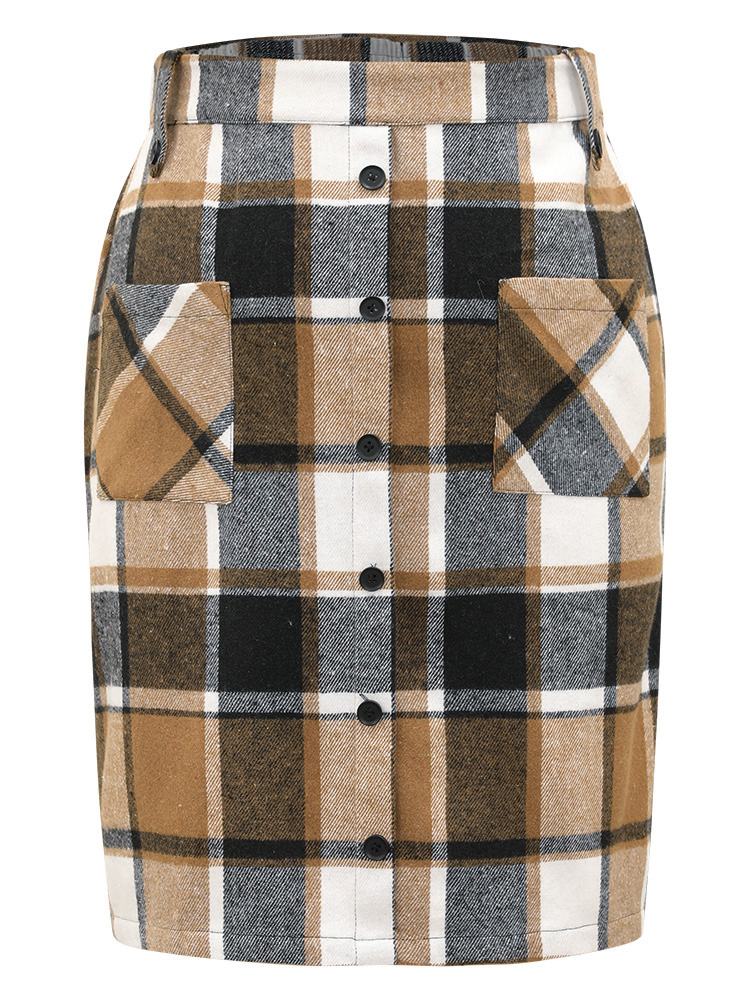 Plus Size Plaid Button Detail Patched Pocket Skirt Women Tan Office Elastic Waist Bodycon No stretch Pocket Work Skirts BloomChic 10/M 