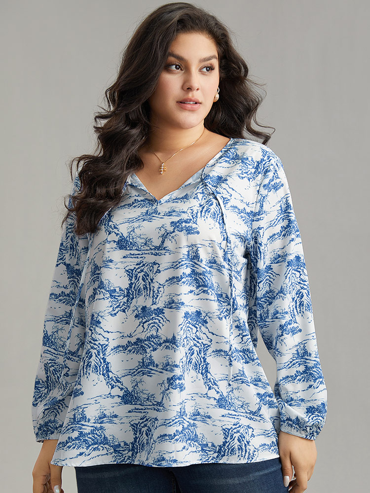 Plus Size Women Dailywear Landscape Printed Lantern Sleeve Long Sleeve Tie Neck Elegant Blouses BloomChic 