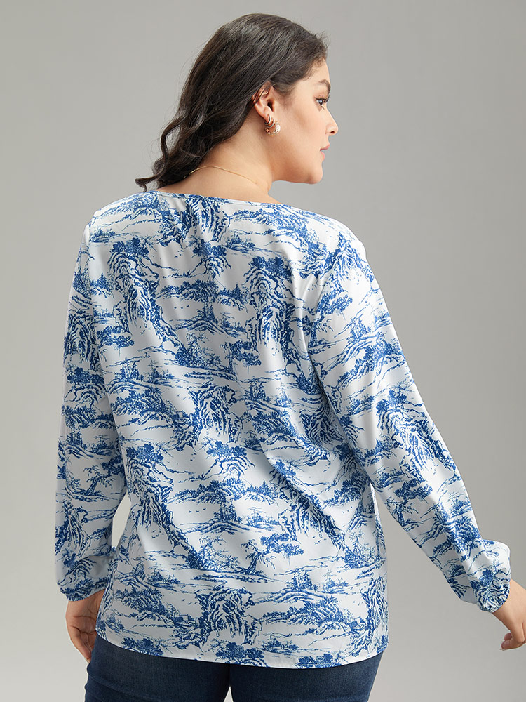 Plus Size Women Dailywear Landscape Printed Lantern Sleeve Long Sleeve Tie Neck Elegant Blouses BloomChic 