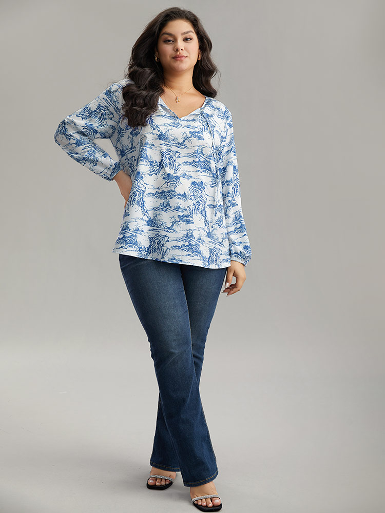 Plus Size Women Dailywear Landscape Printed Lantern Sleeve Long Sleeve Tie Neck Elegant Blouses BloomChic 