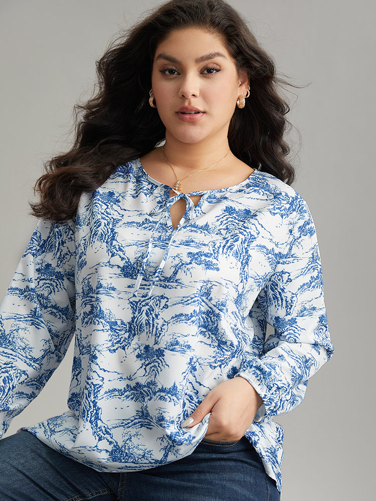 Plus Size Women Dailywear Landscape Printed Lantern Sleeve Long Sleeve Tie Neck Elegant Blouses BloomChic 