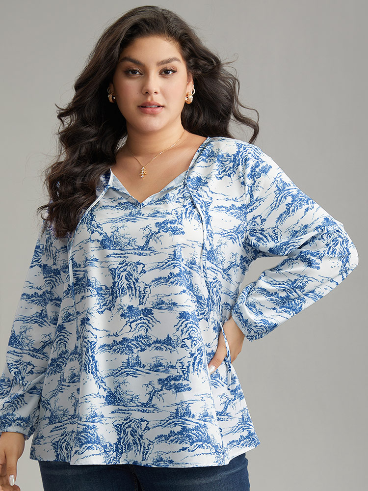 Plus Size Women Dailywear Landscape Printed Lantern Sleeve Long Sleeve Tie Neck Elegant Blouses BloomChic 