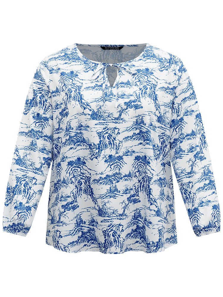 Plus Size Women Dailywear Landscape Printed Lantern Sleeve Long Sleeve Tie Neck Elegant Blouses BloomChic 
