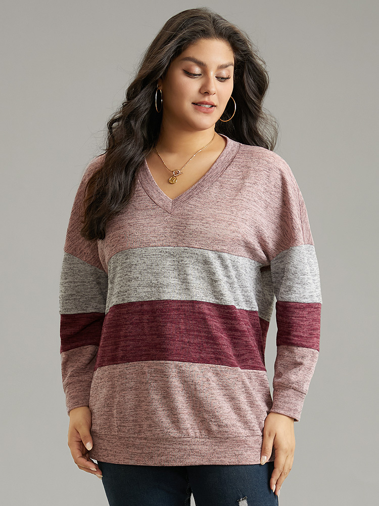Plus Size Women Dailywear Colorblock Heather Regular Regular Sleeve Long Sleeve V-neck Casual Sweatshirts BloomChic 