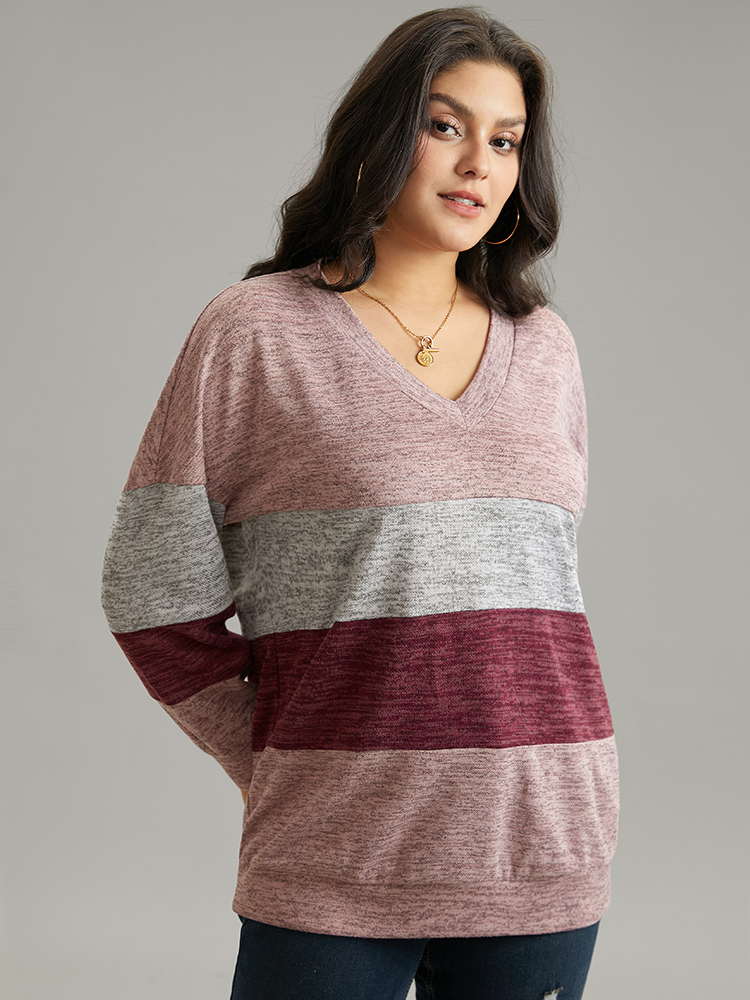 Plus Size Women Dailywear Colorblock Heather Regular Regular Sleeve Long Sleeve V-neck Casual Sweatshirts BloomChic 