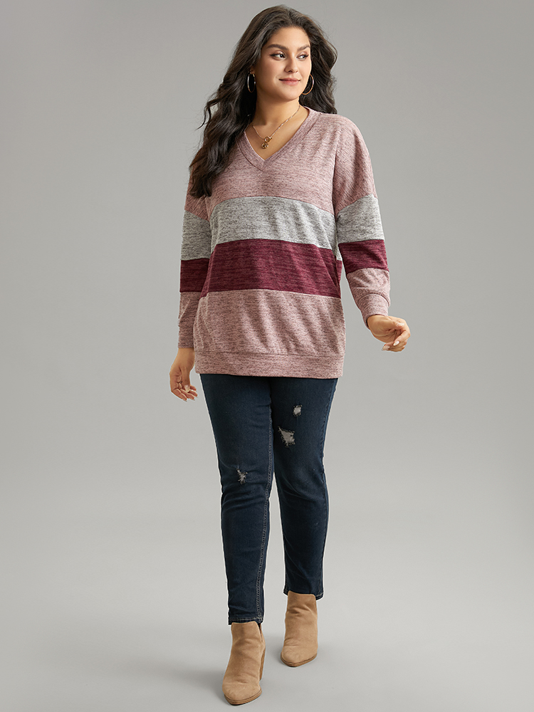 Plus Size Women Dailywear Colorblock Heather Regular Regular Sleeve Long Sleeve V-neck Casual Sweatshirts BloomChic 
