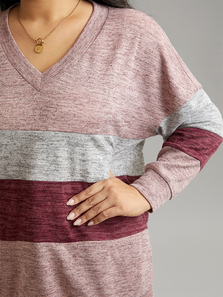 Plus Size Women Dailywear Colorblock Heather Regular Regular Sleeve Long Sleeve V-neck Casual Sweatshirts BloomChic 