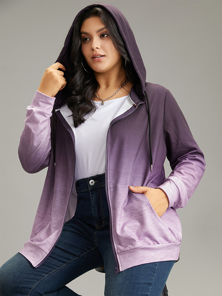 

Plus Size Ombre Hooded Zipper Drawstring Sweatshirt Women Purple Casual Zipper Hooded Everyday Sweatshirts BloomChic