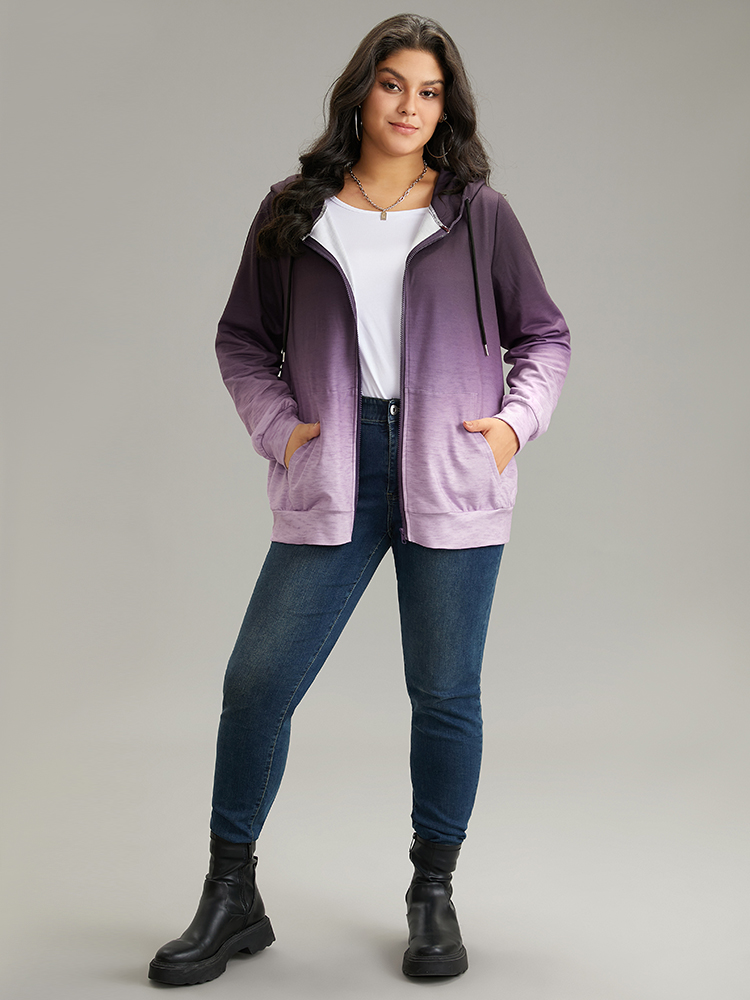 Plus Size Ombre Hooded Zipper Drawstring Sweatshirt Women Purple Casual Zipper Hooded Everyday Sweatshirts BloomChic 14-16/1X 