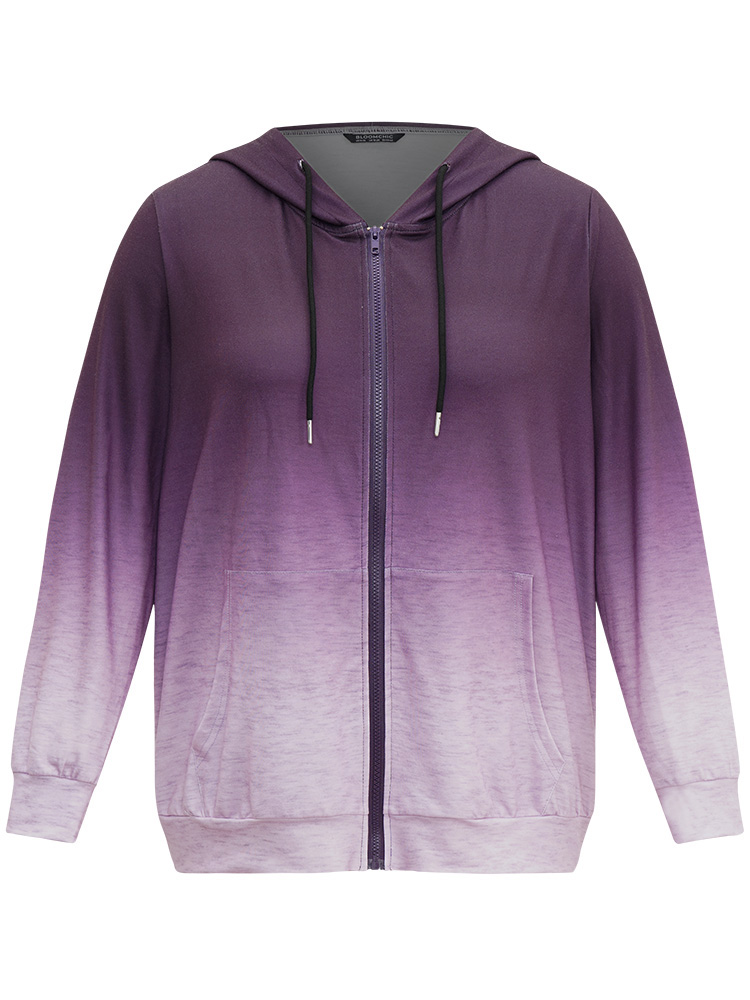 Plus Size Ombre Hooded Zipper Drawstring Sweatshirt Women Purple Casual Zipper Hooded Everyday Sweatshirts BloomChic 14-16/1X 