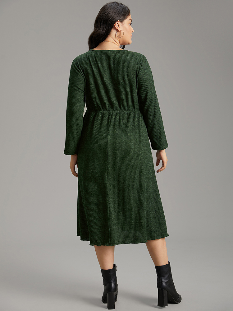 

Plus Size Square Neck Solid Drawstring Rib Knit Dress DarkGreen Women Plain Square Neck Long Sleeve Curvy Midi Dress BloomChic