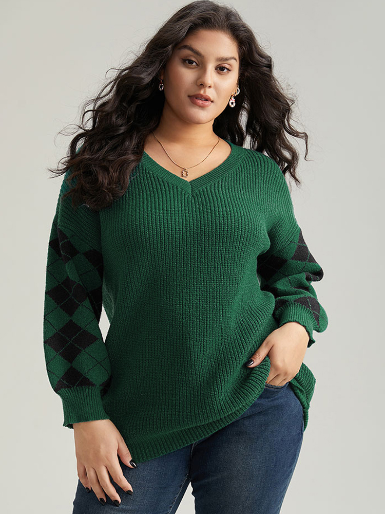 

Plus Size Anti-Pilling Plaid Contrast V Neck Elastic Cuffs Pullover DarkGreen Women Casual Loose Long Sleeve V-neck Festival-Christmas Pullovers BloomChic