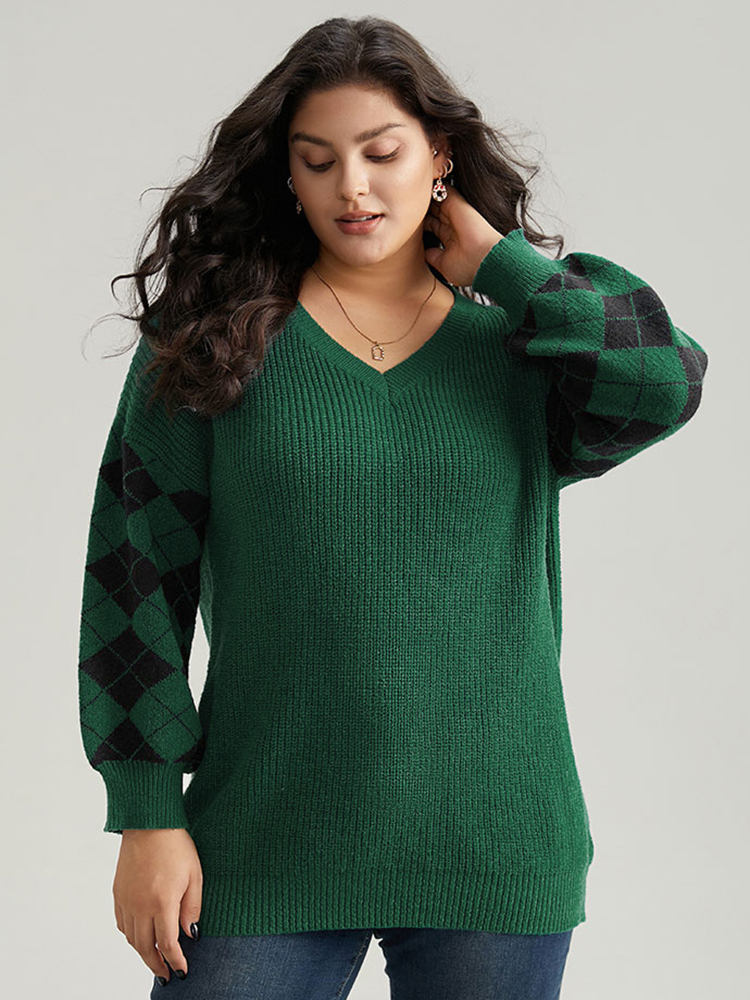 

Plus Size Anti-Pilling Plaid Contrast V Neck Elastic Cuffs Pullover DarkGreen Women Casual Loose Long Sleeve V-neck Festival-Christmas Pullovers BloomChic