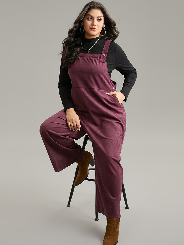 

Plus Size Burgundy Plain Button Up Adjustable Straps Jumpsuit Women Casual Sleeveless Spaghetti Strap Dailywear Loose Jumpsuits BloomChic