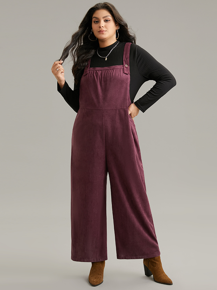 

Plus Size Burgundy Plain Button Up Adjustable Straps Jumpsuit Women Casual Sleeveless Spaghetti Strap Dailywear Loose Jumpsuits BloomChic