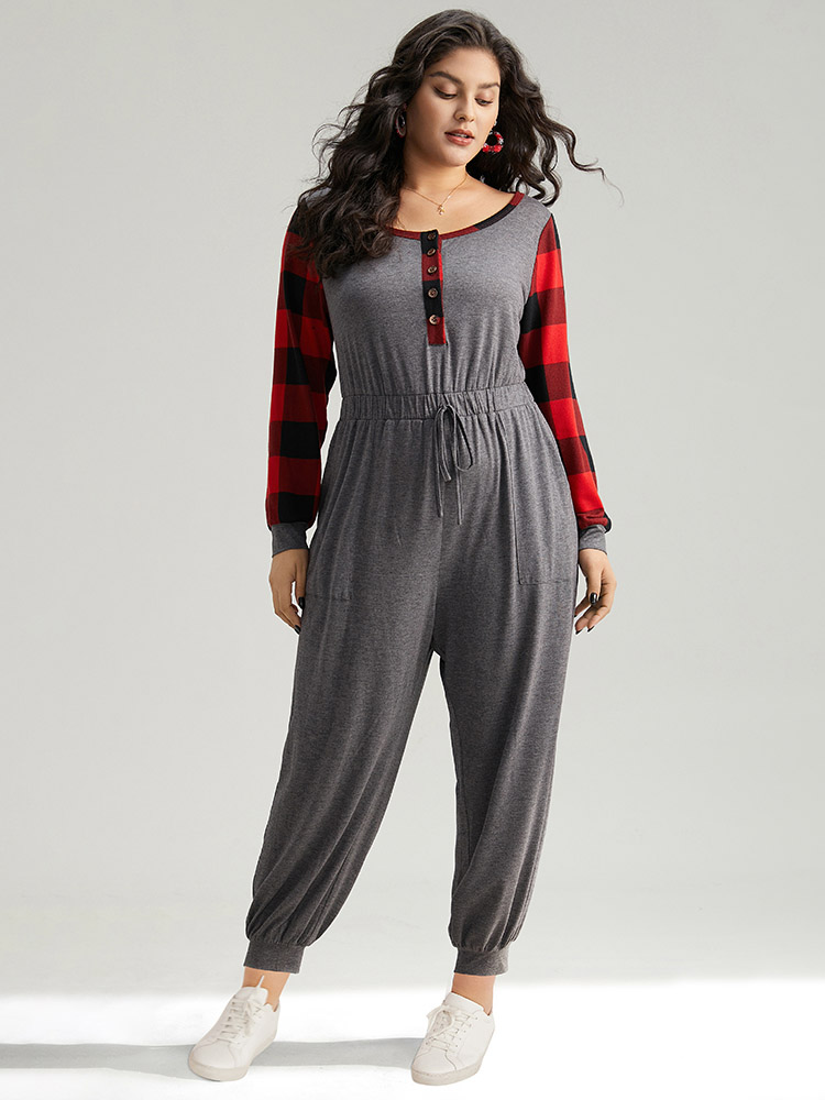 

Plus Size Gray Plaid Patchwork Pocket Button Up Bowknot Jumpsuit Women Casual Long Sleeve Round Neck Festival-Christmas Loose Jumpsuits BloomChic