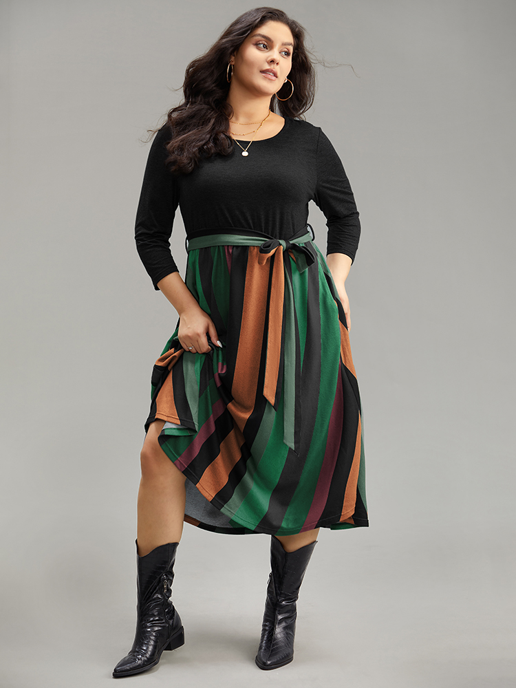 

Plus Size Striped Contrast Patchwork Belted Dress Black Women Casual Belted Round Neck Elbow-length sleeve Curvy Midi Dress BloomChic