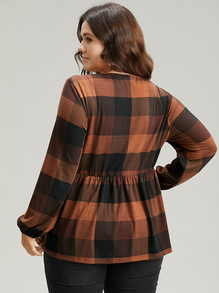 Plus Size Women Festival-Halloween Plaid Elastic cuffs Lantern Sleeve Long Sleeve V-neck Elegant T-shirts BloomChic 