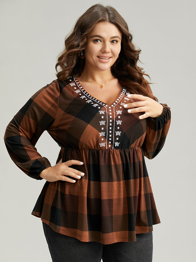 Plus Size Women Festival-Halloween Plaid Elastic cuffs Lantern Sleeve Long Sleeve V-neck Elegant T-shirts BloomChic 