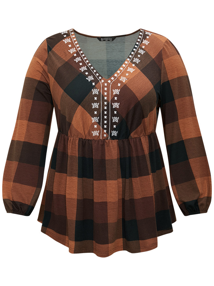 Plus Size Women Festival-Halloween Plaid Elastic cuffs Lantern Sleeve Long Sleeve V-neck Elegant T-shirts BloomChic 