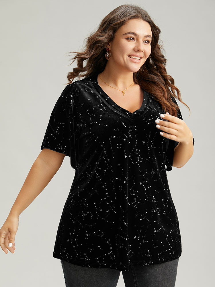 

Plus Size Galaxy Glitter Velvet Ruffle Sleeve T-shirt Black V-neck Short sleeve Elegant Jersey Tops