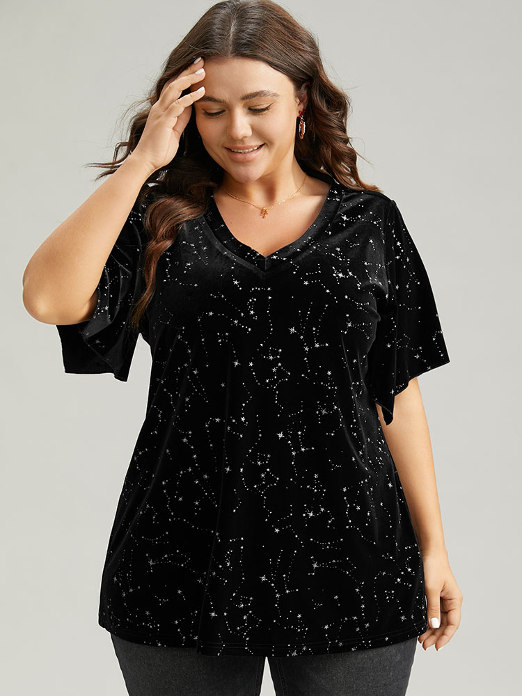 

Plus Size Galaxy Glitter Velvet Ruffle Sleeve T-shirt Black V-neck Short sleeve Elegant Jersey Tops