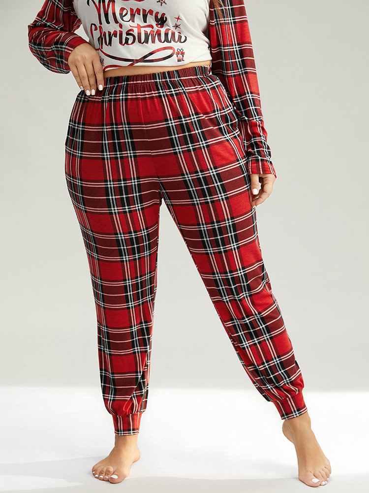 

Plus Size Christmas Plaid Elastic Waist Sleep Bottoms Red Pocket Casual Festival-Christmas Plaid Sleep Bottoms  Bloomchic