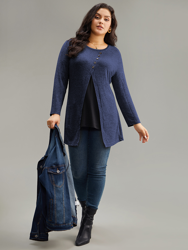 

Plus Size Contrast Patchwork Crew Neck Button Detail T-shirt Blue Round Neck Long Sleeve Elegant Jersey Tops