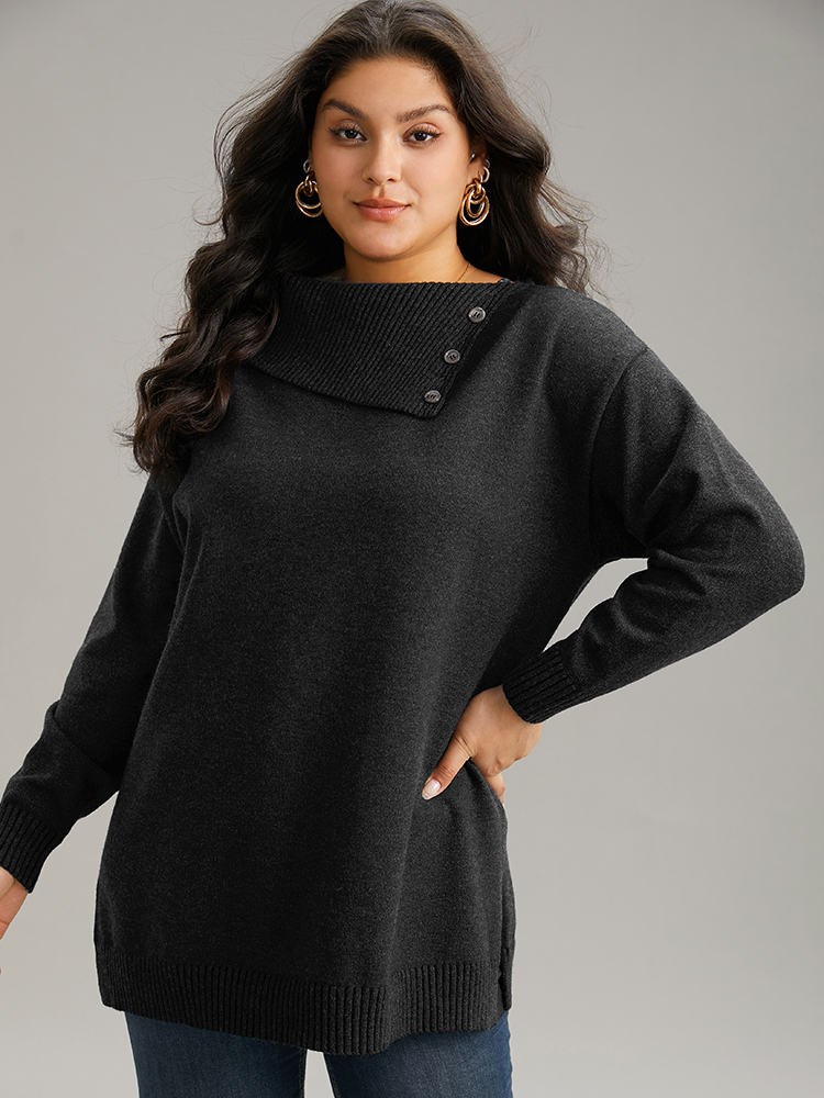 

Plus Size Supersoft Essentials Asymmetrical Neck Button Detail Pullover Black Women Casual Loose Long Sleeve Asymmetrical Neck Dailywear Pullovers BloomChic