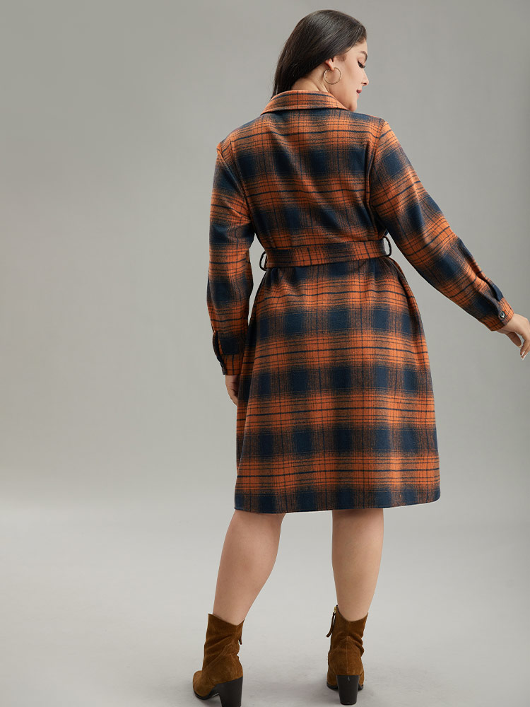 

Plus Size Plaid Shirt Collar Belted Button Through Dress Rust Women Casual Belted Shirt collar Long Sleeve Curvy Midi Dress BloomChic