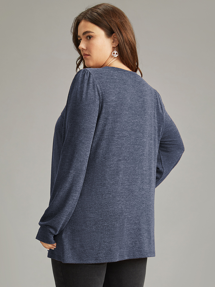 

Plus Size Plain Heather Plicated Detail T-shirt Blue Round Neck Long Sleeve Casual Jersey Tops