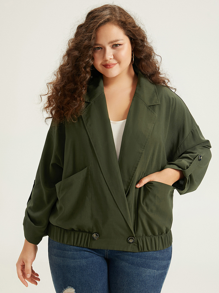 

Plus Size Lapel Collar Solid Gathered Tab Sleeve Jacket Women ArmyGreen Plain Pocket Dailywear Jackets BloomChic