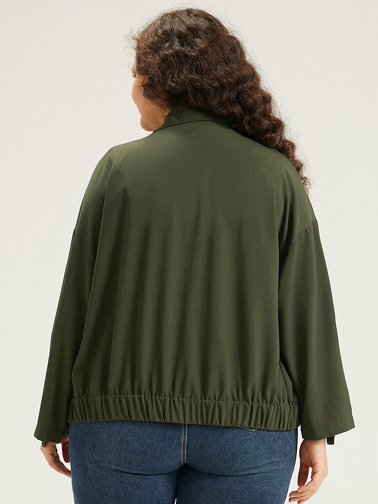 

Plus Size Lapel Collar Solid Gathered Tab Sleeve Jacket Women ArmyGreen Plain Pocket Dailywear Jackets BloomChic