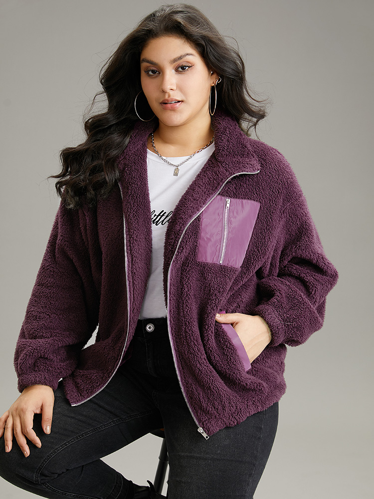 

Plus Size Contrast Zipper Pocket Teddy Jacket Women Purple Elastic cuffs Pocket Dailywear Jackets BloomChic