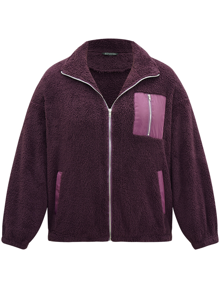 

Plus Size Contrast Zipper Pocket Teddy Jacket Women Purple Elastic cuffs Pocket Dailywear Jackets BloomChic