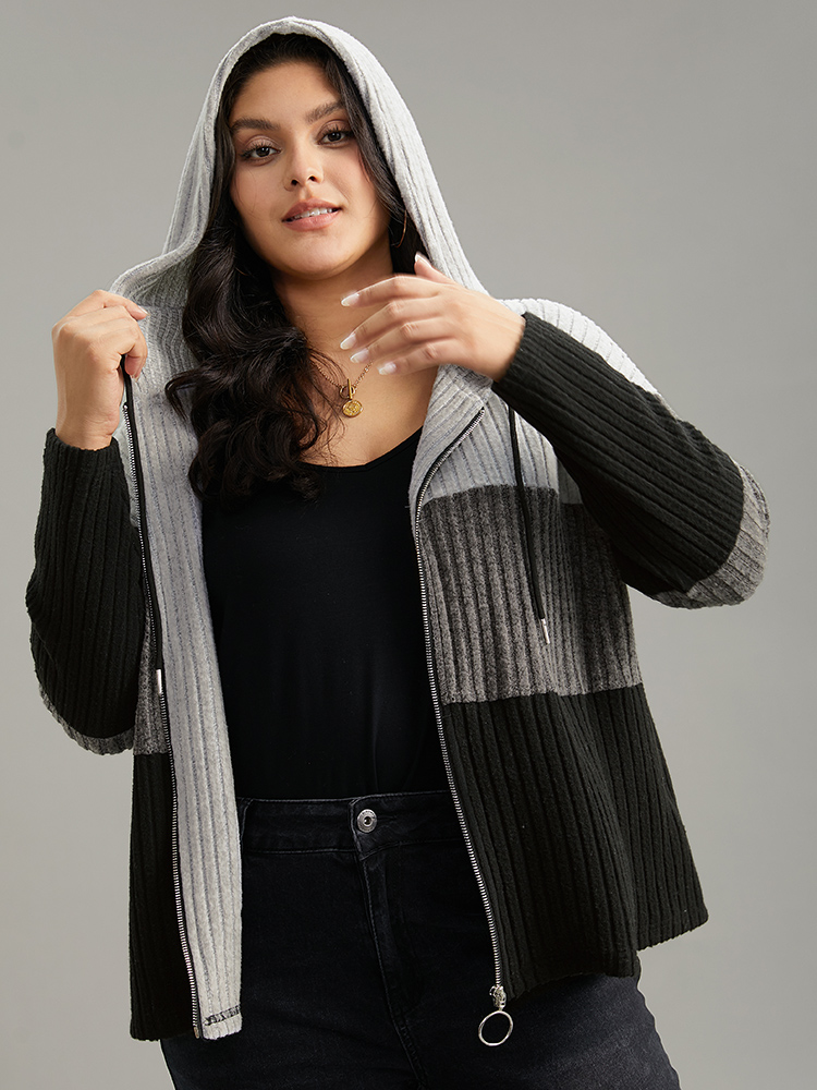 Plus Size Colorblock Contrast O Ring Zipper Jacket Women Gray Contrast Dailywear Jackets BloomChic 12/L 