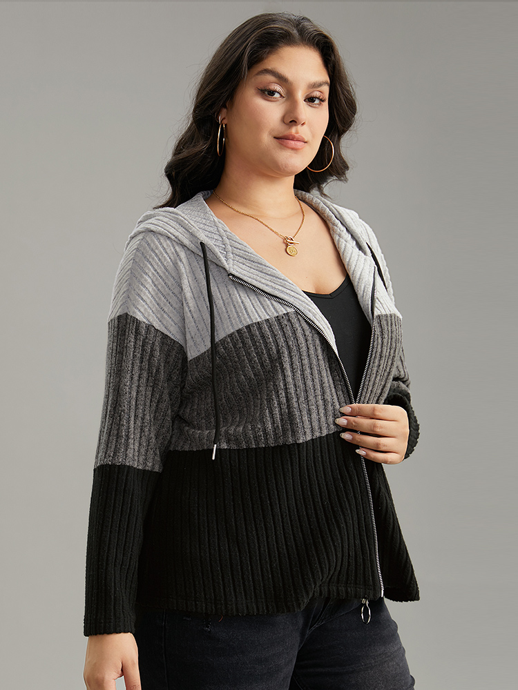 Plus Size Colorblock Contrast O Ring Zipper Jacket Women Gray Contrast Dailywear Jackets BloomChic 12/L 
