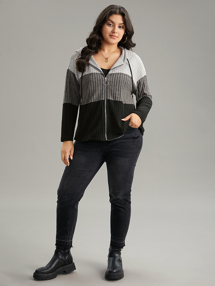 Plus Size Colorblock Contrast O Ring Zipper Jacket Women Gray Contrast Dailywear Jackets BloomChic 12/L 