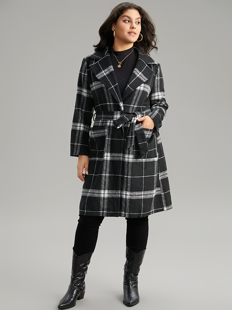 Plus Size Lapel Collar Plaid Belted Contrast Coat Women Black Casual Belted Ladies Dailywear Winter Coats BloomChic 22-24/3X 