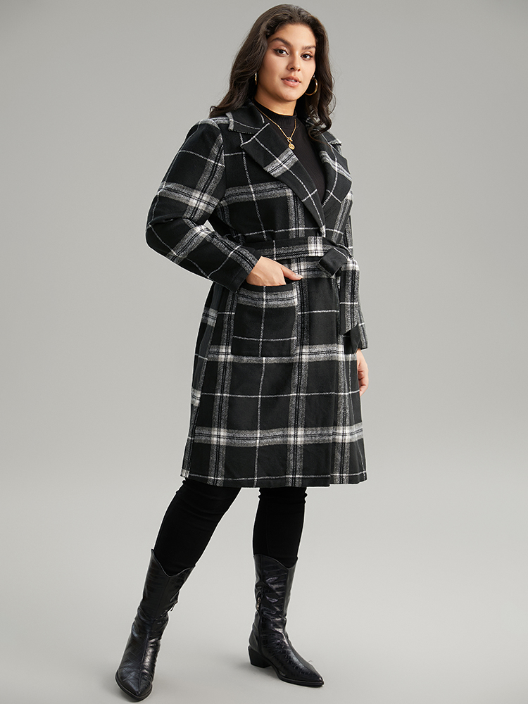 Plus Size Lapel Collar Plaid Belted Contrast Coat Women Black Casual Belted Ladies Dailywear Winter Coats BloomChic 22-24/3X 