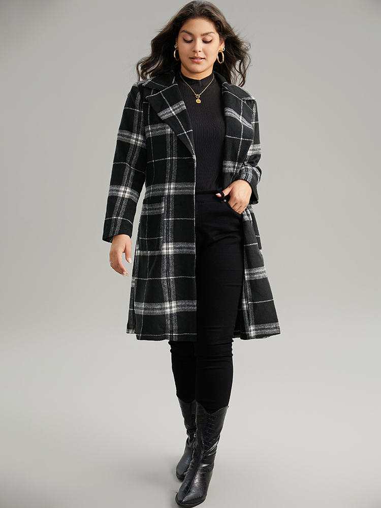 Plus Size Lapel Collar Plaid Belted Contrast Coat Women Black Casual Belted Ladies Dailywear Winter Coats BloomChic 22-24/3X 
