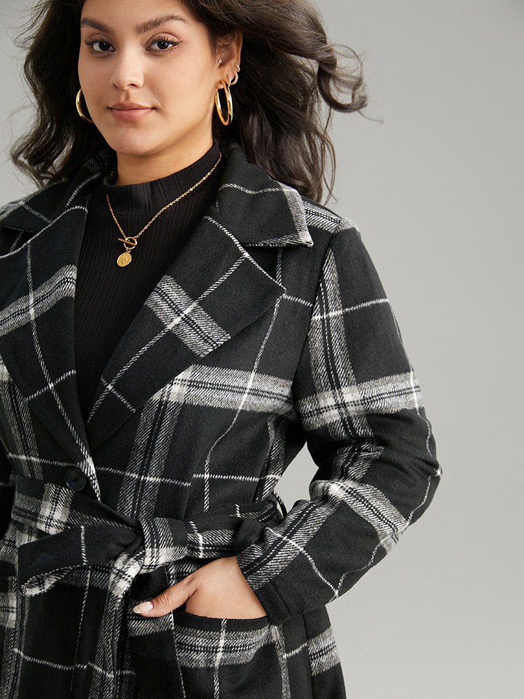 Plus Size Lapel Collar Plaid Belted Contrast Coat Women Black Casual Belted Ladies Dailywear Winter Coats BloomChic 22-24/3X 
