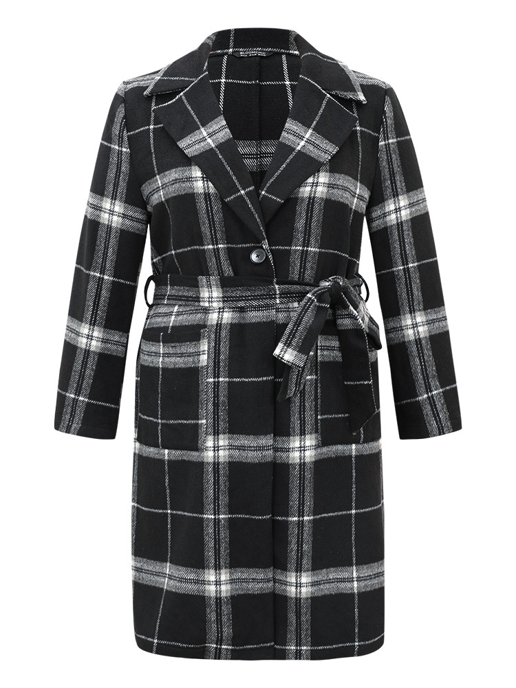 Plus Size Lapel Collar Plaid Belted Contrast Coat Women Black Casual Belted Ladies Dailywear Winter Coats BloomChic 22-24/3X 