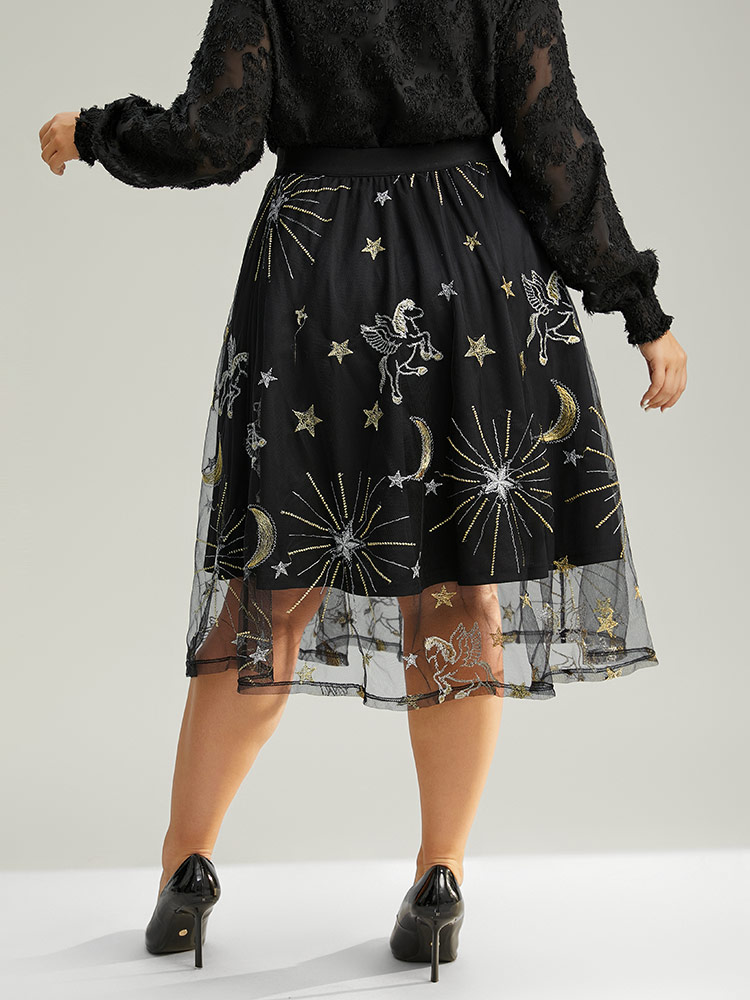 Plus Size Moon & Star Mesh Embroidered Pocket Skirt Women Black Party Lined No stretch Pocket Going out Skirts BloomChic 18-20/2X 