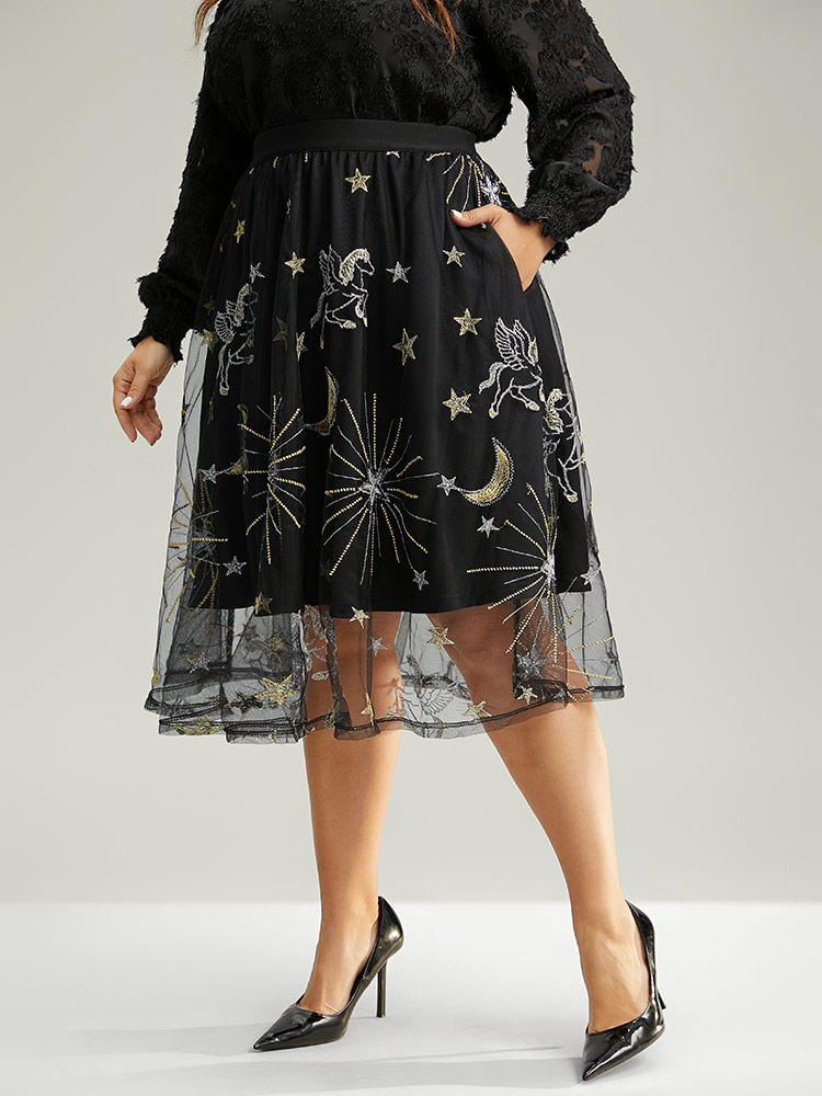 Plus Size Moon & Star Mesh Embroidered Pocket Skirt Women Black Party Lined No stretch Pocket Going out Skirts BloomChic 18-20/2X 
