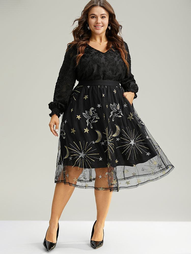 Plus Size Moon & Star Mesh Embroidered Pocket Skirt Women Black Party Lined No stretch Pocket Going out Skirts BloomChic 18-20/2X 