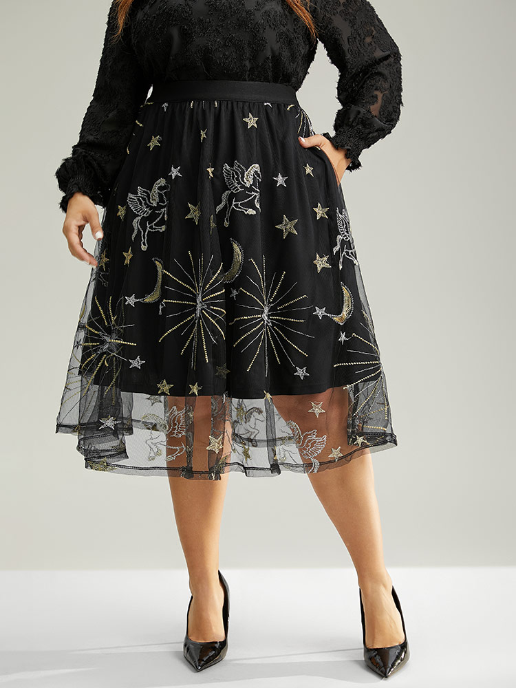 Plus Size Moon & Star Mesh Embroidered Pocket Skirt Women Black Party Lined No stretch Pocket Going out Skirts BloomChic 18-20/2X 