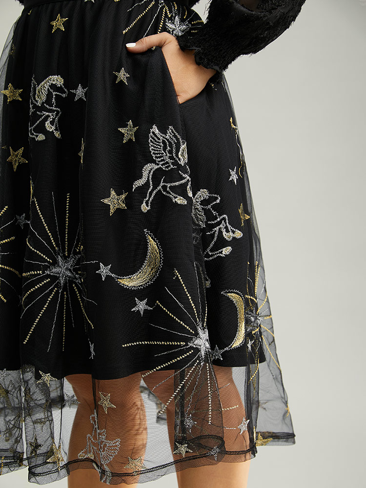 Plus Size Moon & Star Mesh Embroidered Pocket Skirt Women Black Party Lined No stretch Pocket Going out Skirts BloomChic 18-20/2X 