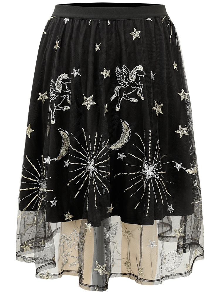 Plus Size Moon & Star Mesh Embroidered Pocket Skirt Women Black Party Lined No stretch Pocket Going out Skirts BloomChic 18-20/2X 